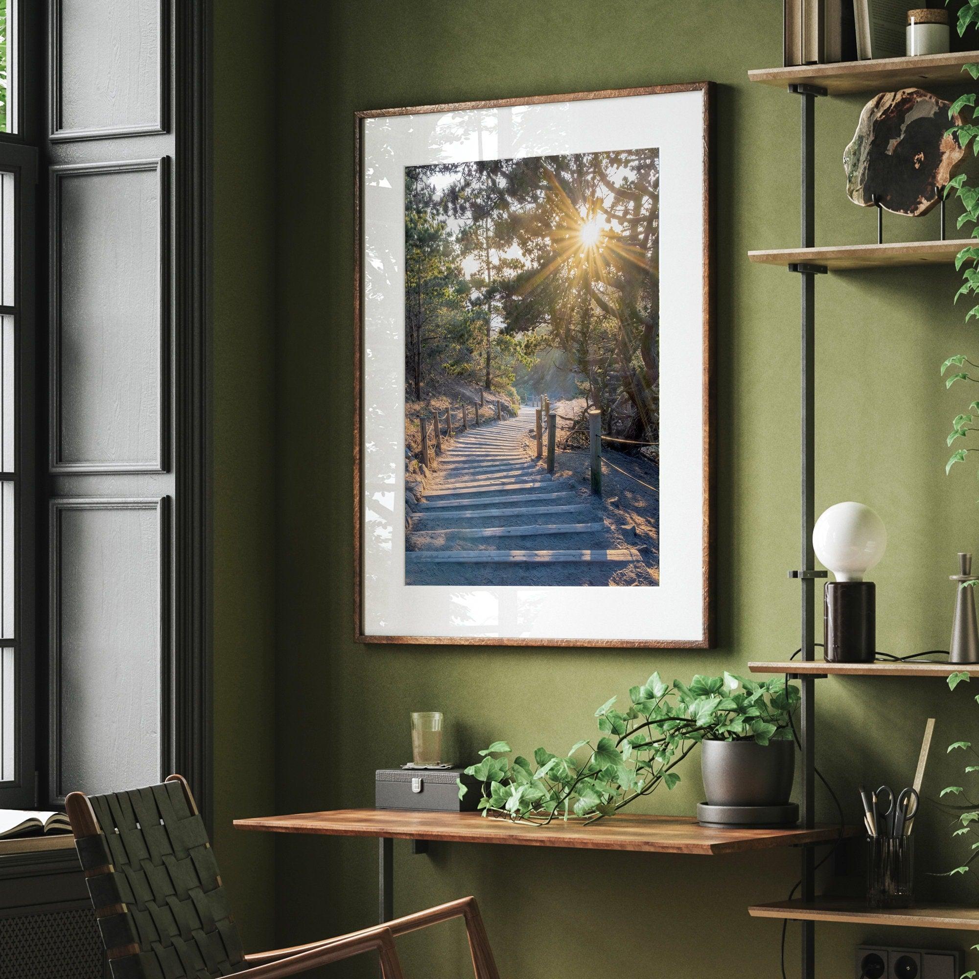 A fine art coastal forest sunset print from San Francisco Lands End. This wood path wall art comes framed or unframed.