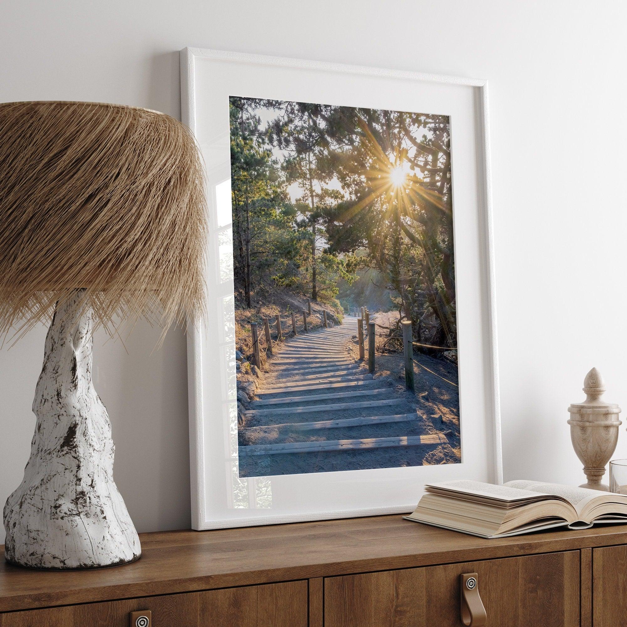 A fine art coastal forest sunset print from San Francisco Lands End. This wood path wall art comes framed or unframed.