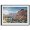 A fine art desert print from Zion National Park showcasing a stunning towering cliff and winding road.