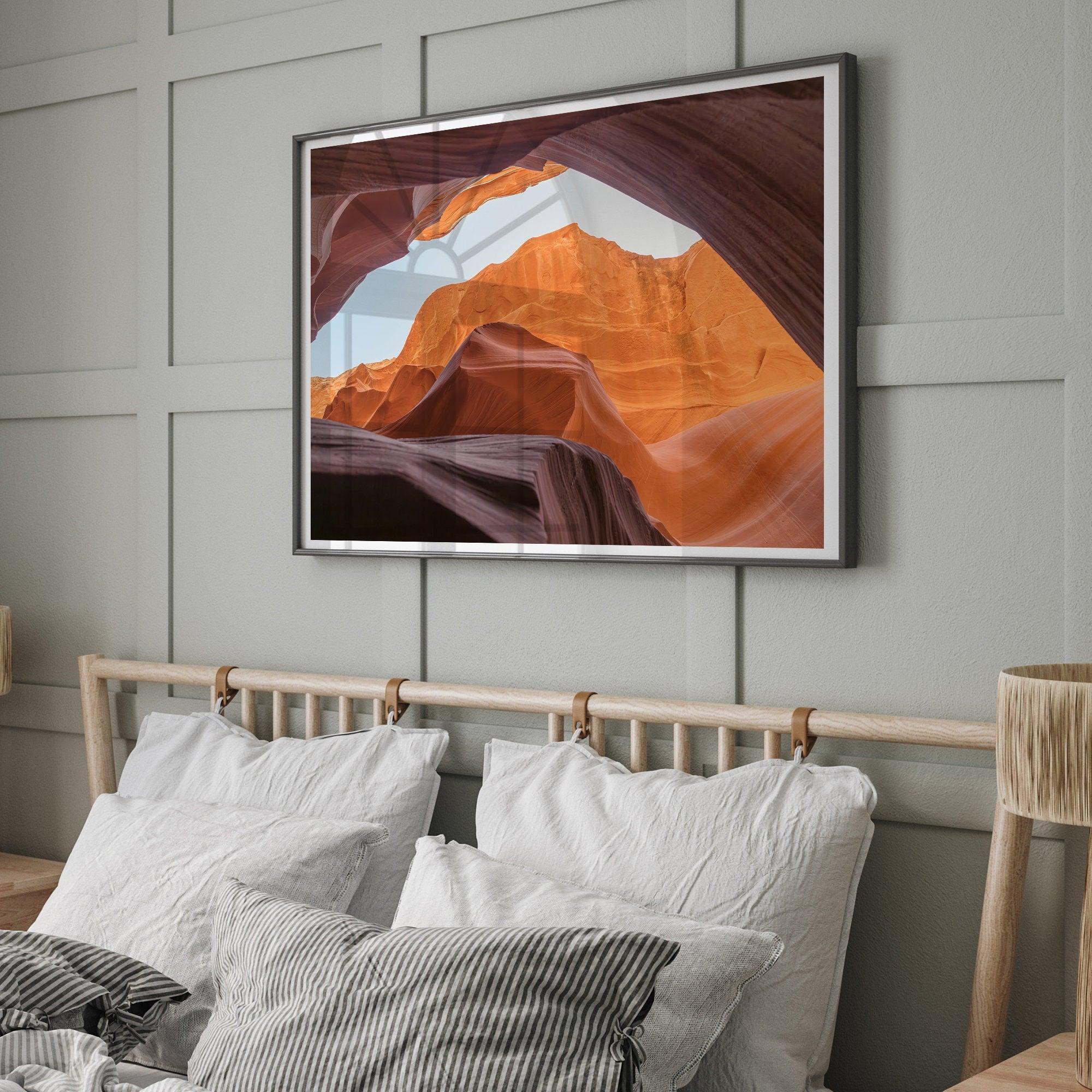 A framed fine art Arizona desert print of Antelope Canyon featuring three layers of rocks in varying colors and creamy textures that create a stunning minimalist desert landscape photography wall art.