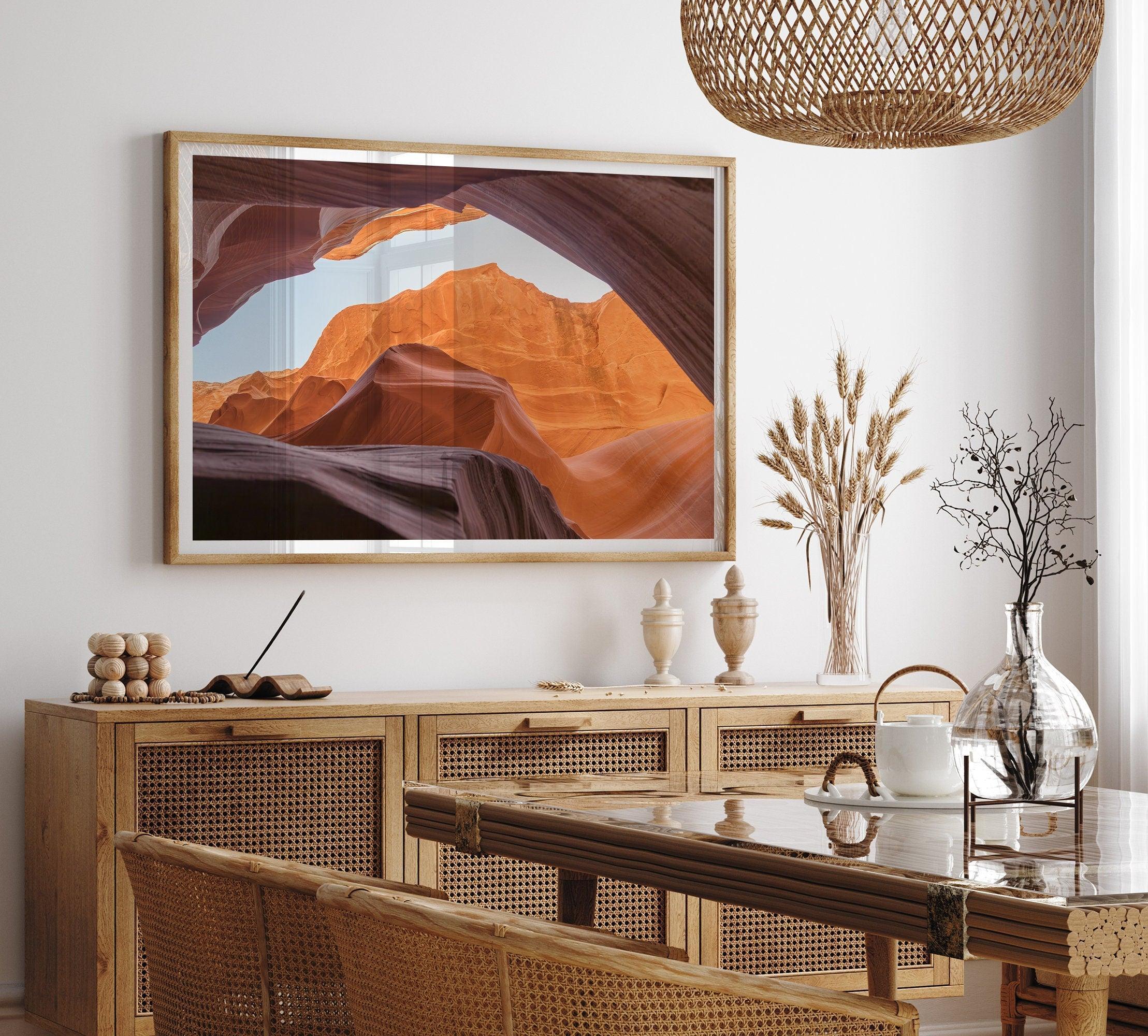 A framed fine art Arizona desert print of Antelope Canyon featuring three layers of rocks in varying colors and creamy textures that create a stunning minimalist desert landscape photography wall art.