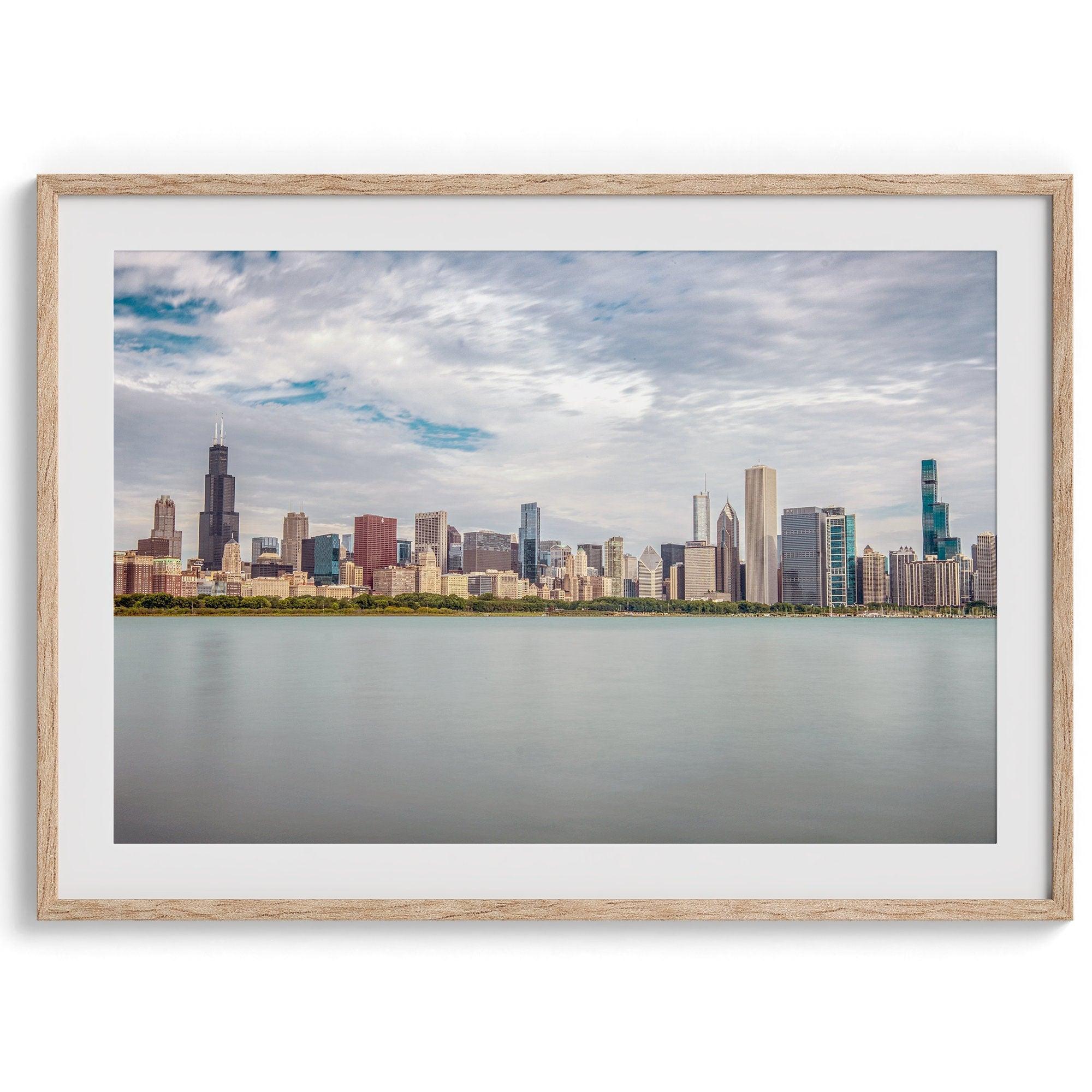 A fine art print of the Chicago skyline with Lake Michigan in the forefront. Perfect for home or office decor.