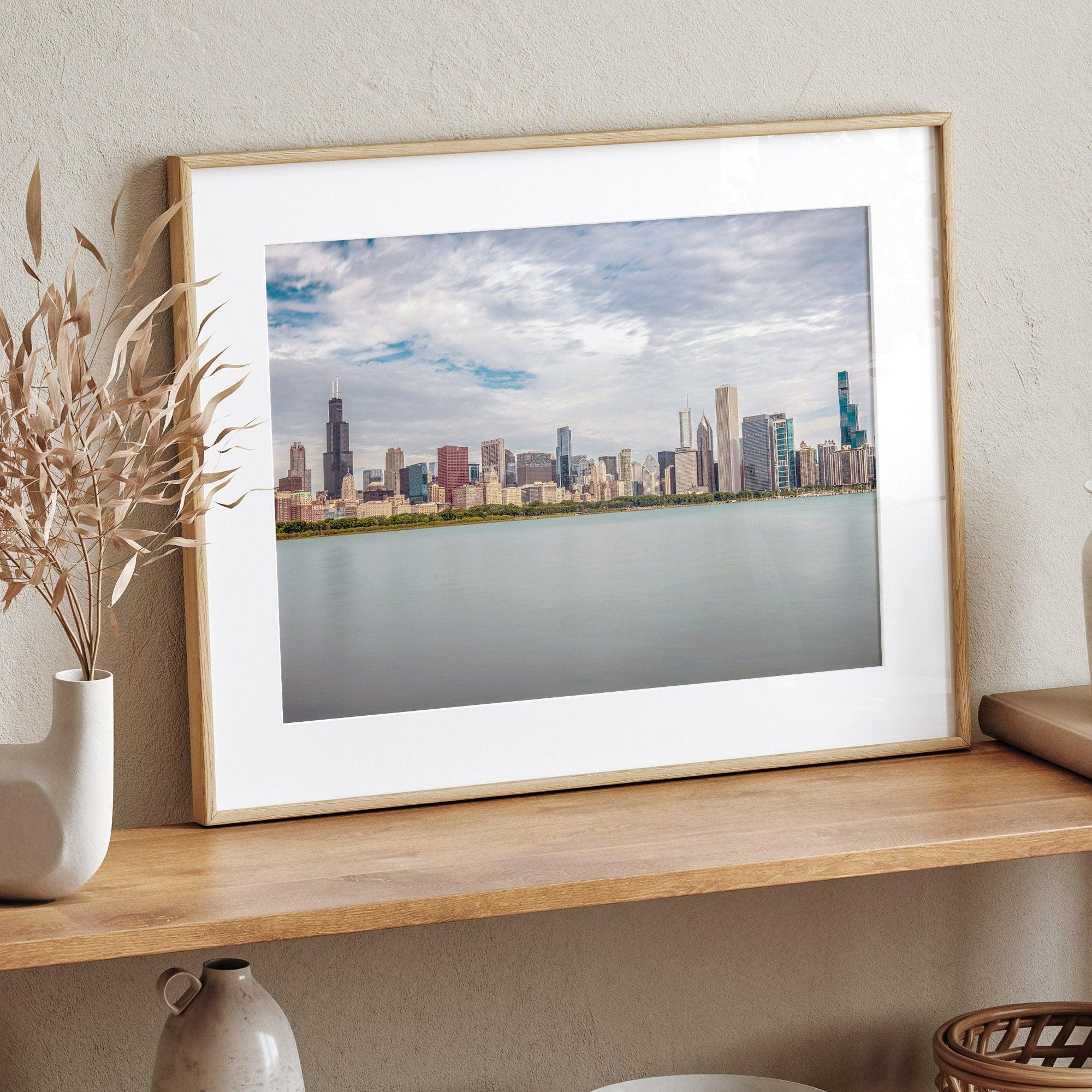 A fine art print of the Chicago skyline with Lake Michigan in the forefront. Perfect for home or office decor.