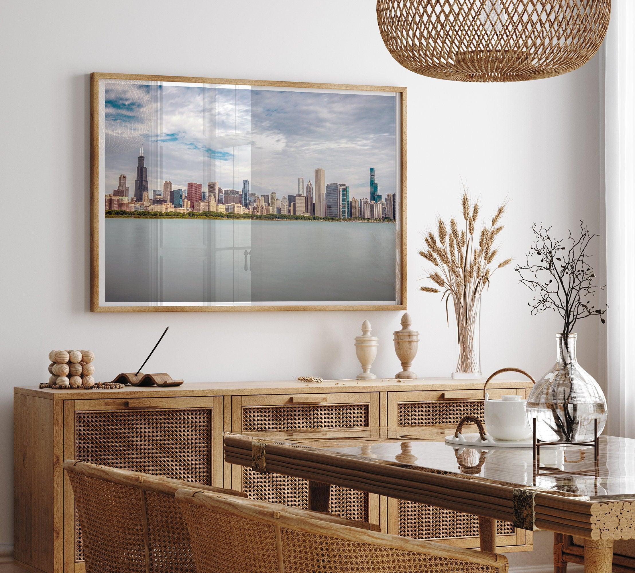 A fine art print of the Chicago skyline with Lake Michigan in the forefront. Perfect for home or office decor.