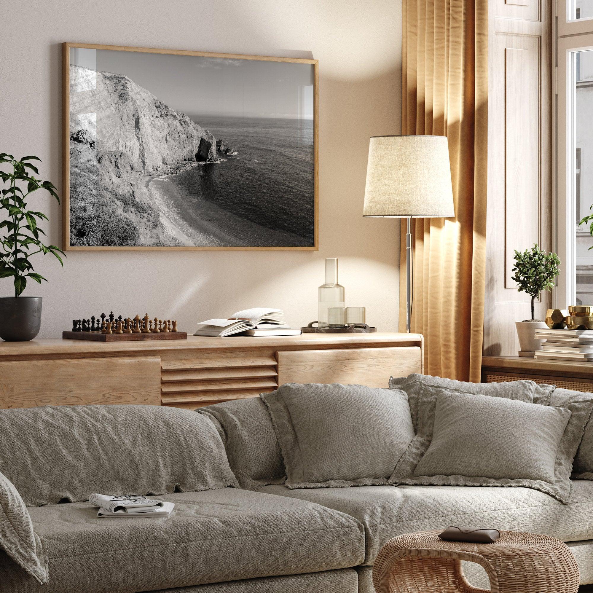 A black and white fine art ocean wall art print of a coastal cliff and beautiful beach in Chimney Rock trail, Point Reyes, California.