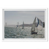 A stunning San Francisco print featuring a panoramic view of the Bay from Angel Island and showcasing sailboats across the water and the Golden Gate Bridge at the backdrop.
