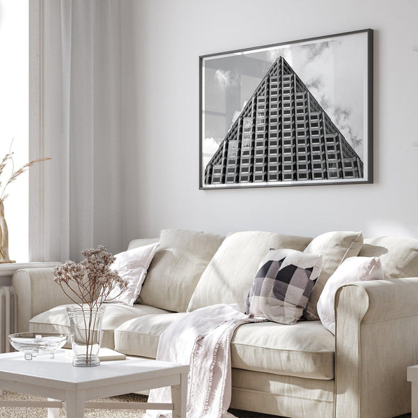 An abstract minimalist fine art black and white Austin Texas photography print that celebrates the unique architectural beauty of the pyramid-shaped pinnacle of the One Congress Plaza building.