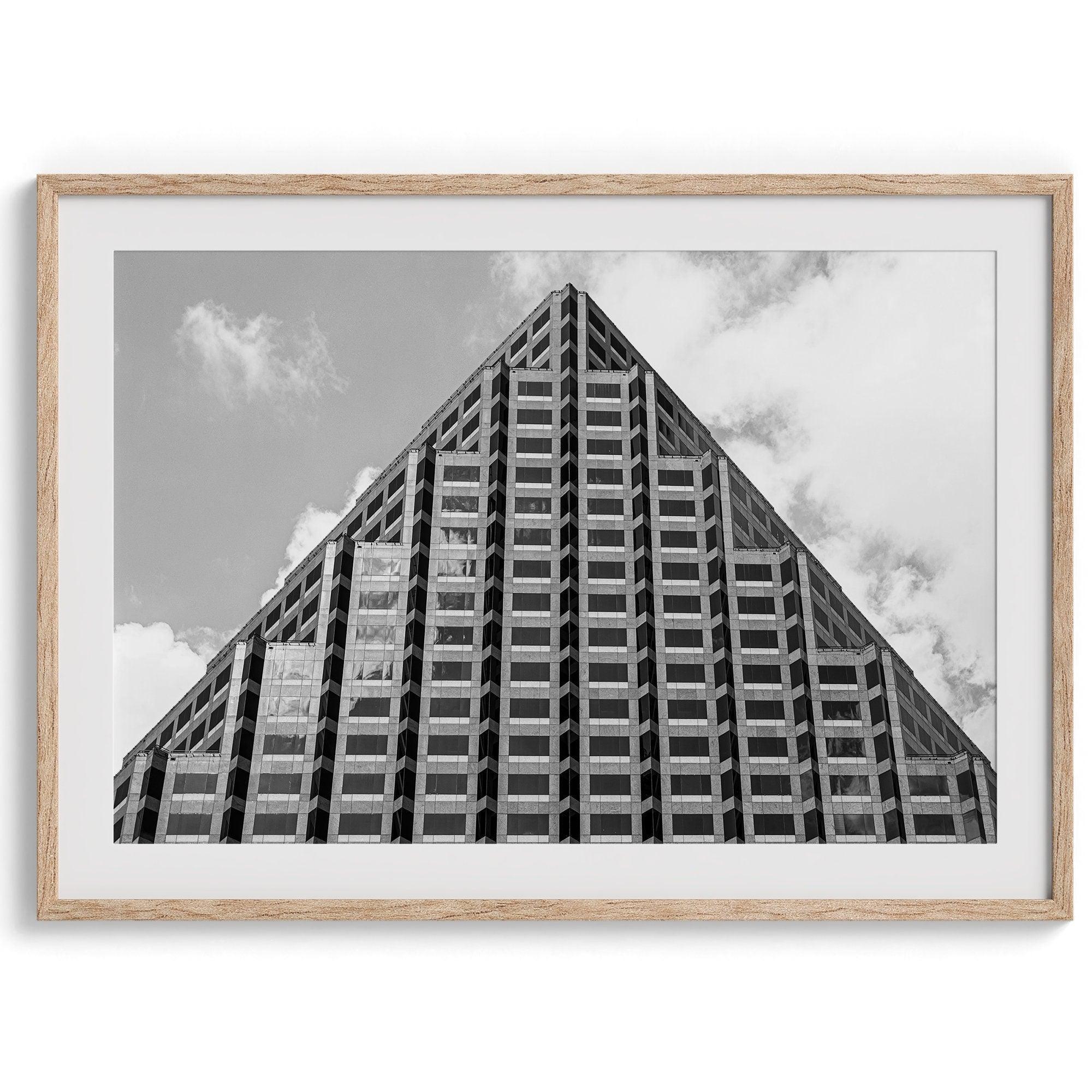 An abstract minimalist fine art black and white Austin Texas photography print that celebrates the unique architectural beauty of the pyramid-shaped pinnacle of the One Congress Plaza building.