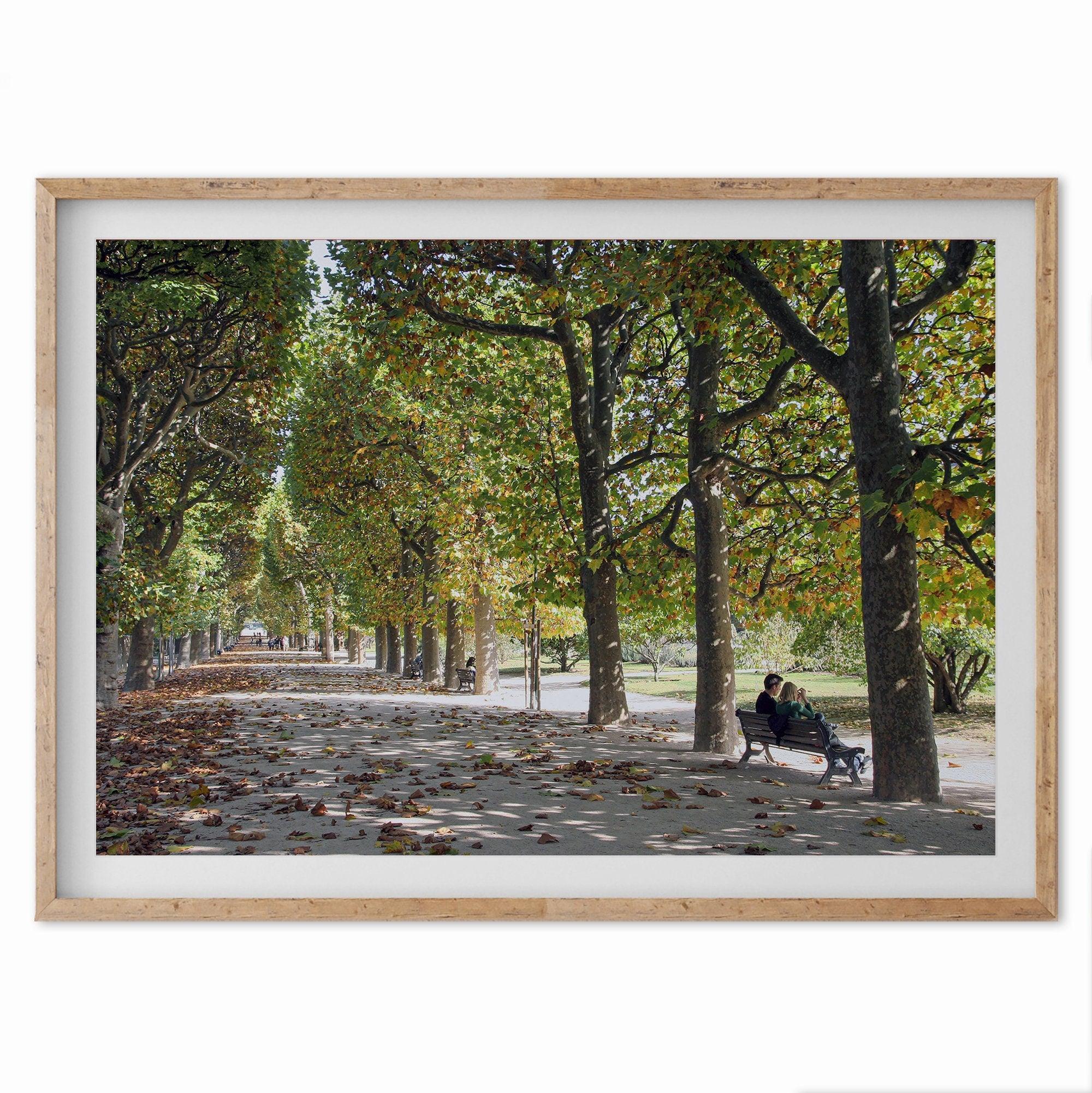 A fine art Paris print of a Parisian garden in fall showcasing a couple sitting on a bench under the fall color trees with foliage all around.