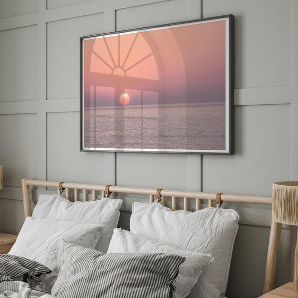 A fine art abstract ocean sunset print featuring rich shades of red, orange, and pink. This ocean wall art will add warmth and beauty to any room in your home.