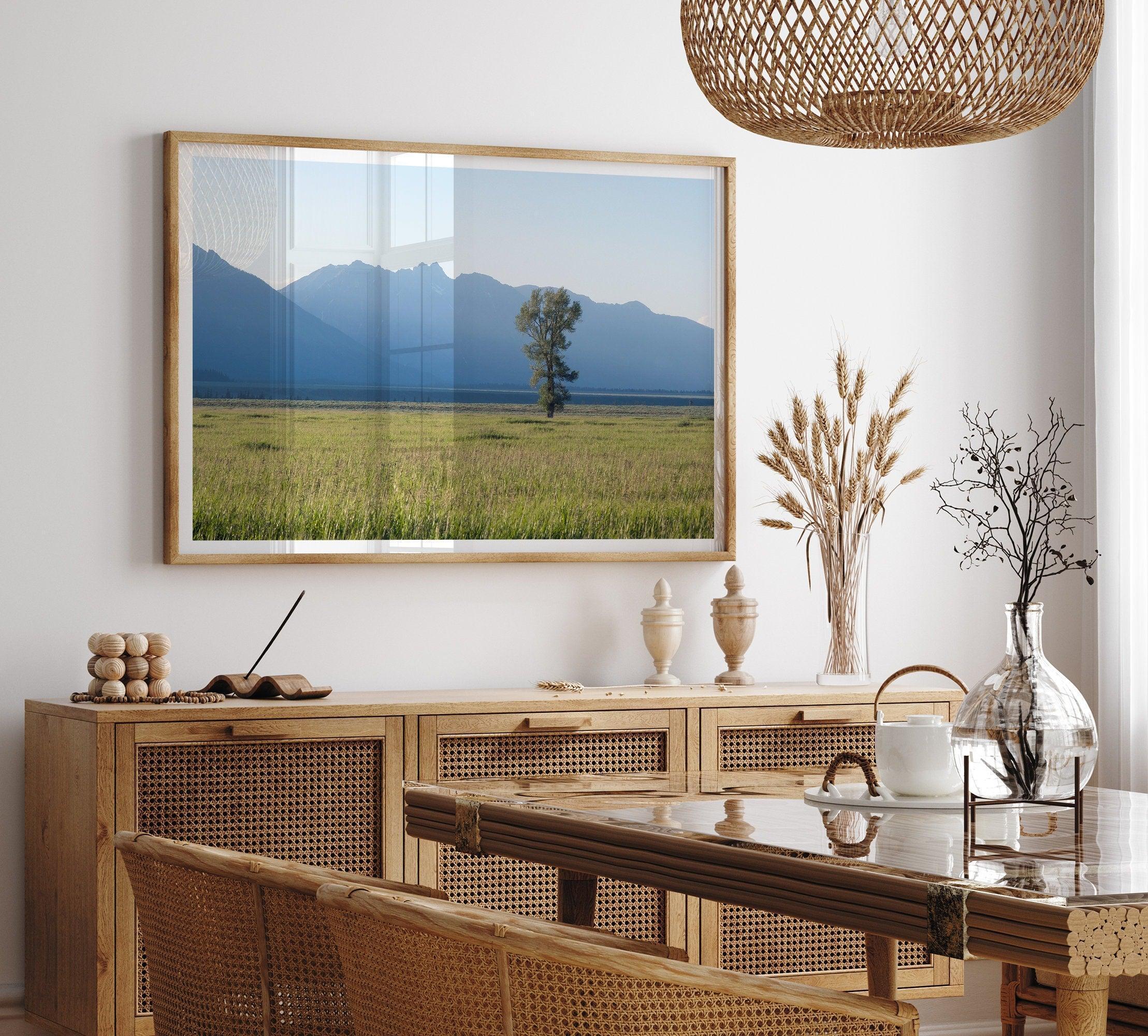 A fine art print showcasing a lone cottonwood tree during sunset in Grand Teton National Park. In this Nature wall art, the Teton mountains are shown layered in the backdrop with rays of sunset.