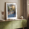 A fine art coastal forest sunset print from San Francisco Lands End. This wood path wall art comes framed or unframed.