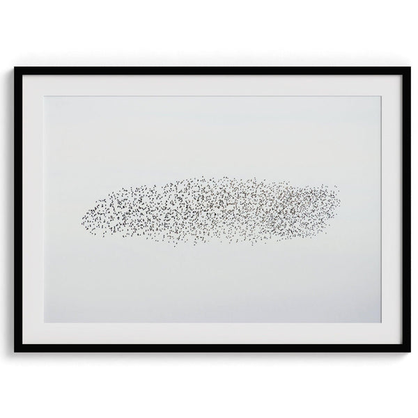 A fine art minimal abstract nature print featuring a geometrical bird flock flying over the Pacific Ocean. Perfect gift for nature lovers or people seeking minimalist nature photography.