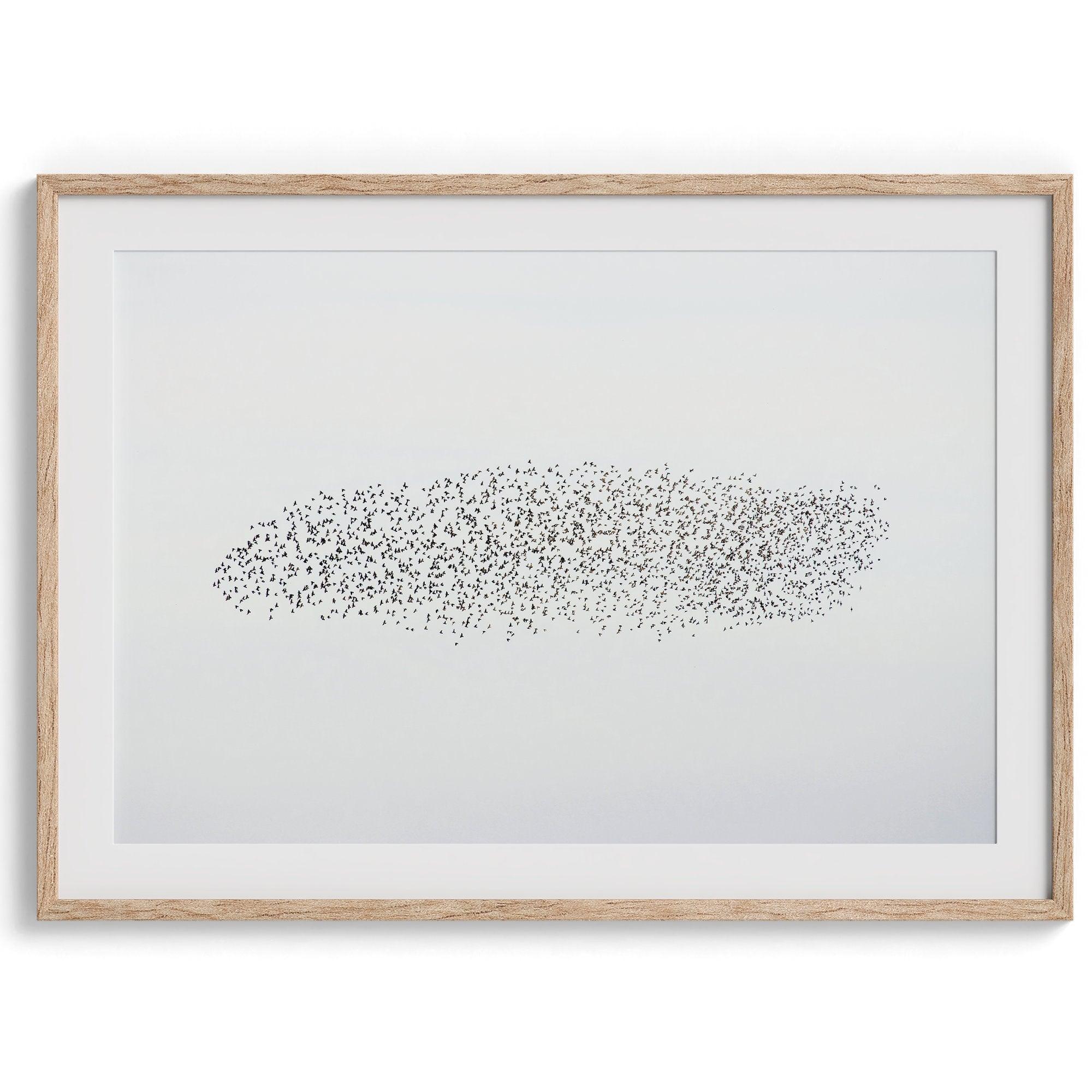 A fine art minimal abstract nature print featuring a geometrical bird flock flying over the Pacific Ocean. Perfect gift for nature lovers or people seeking minimalist nature photography.