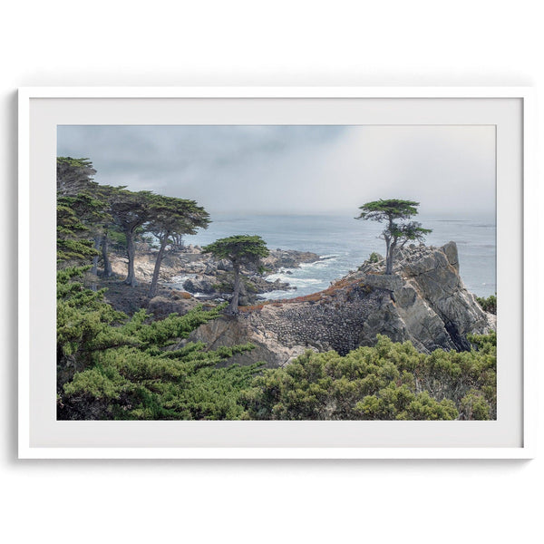 A fine art coastal print showcasing a lone cypress overlooking the ocean in 17 miles drive near Monterey, California. This ocean wall art is available framed or unframed.