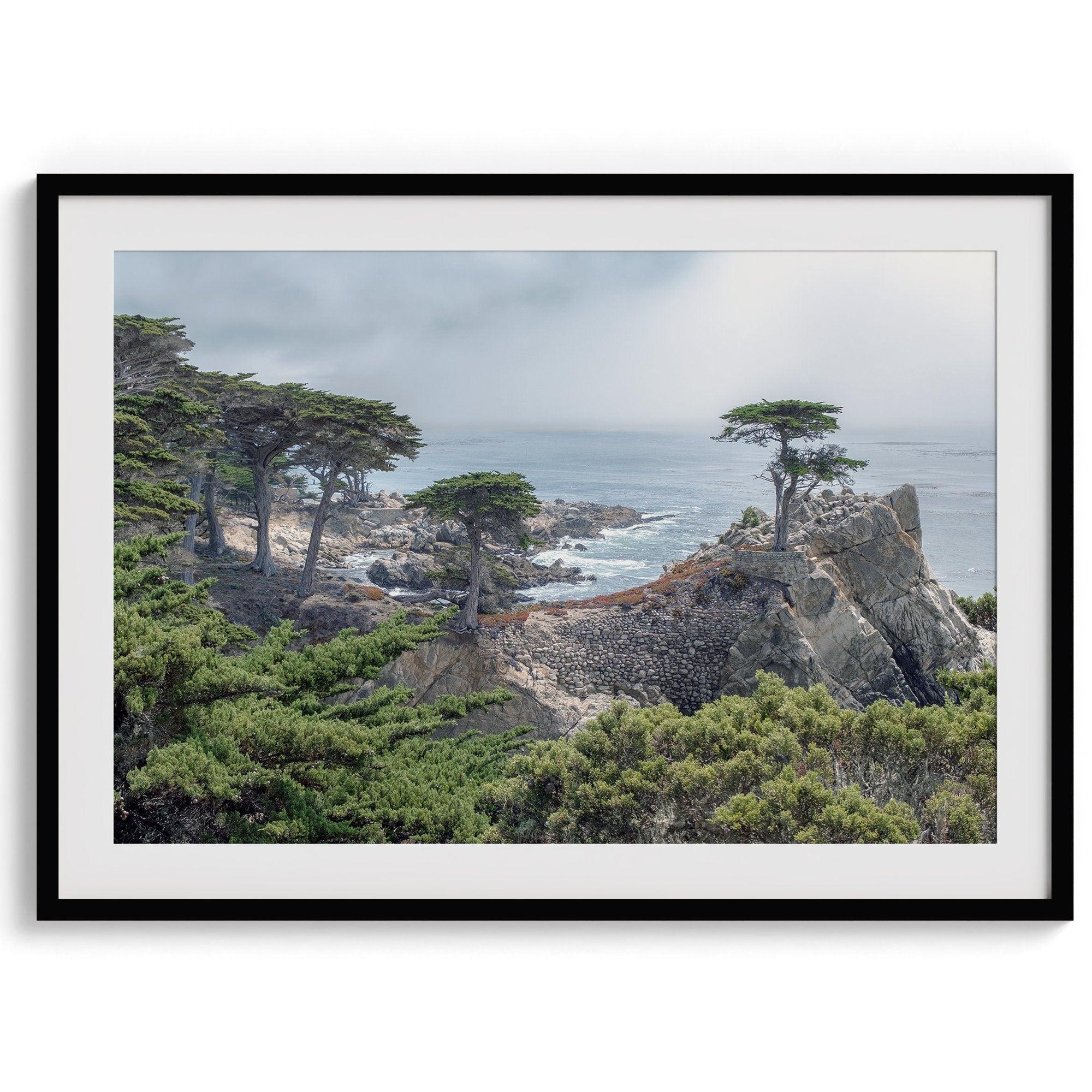 A fine art coastal print showcasing a lone cypress overlooking the ocean in 17 miles drive near Monterey, California. This ocean wall art is available framed or unframed.