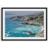 A fine art ocean print from Big Sur California featuring dramatic cliffs, the blue ocean and surf, and the Bixby bridge in the backdrop.