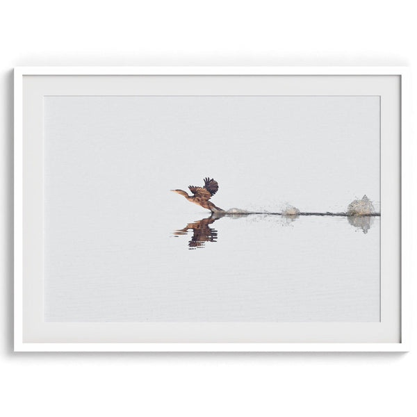 A fine art minimalist wildlife photography print showcasing a bird flying over a lake in Arizona.