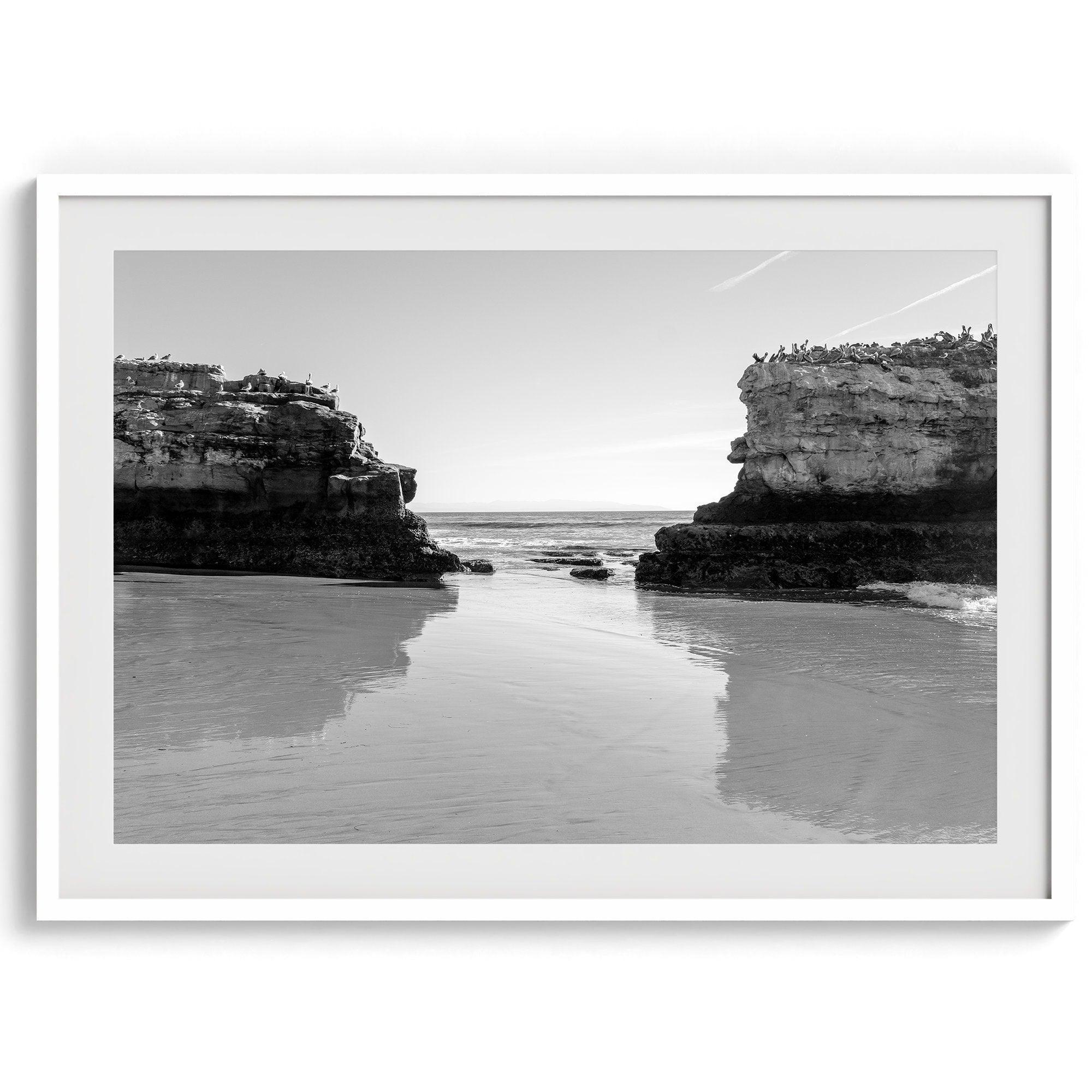 Fine Art Black and White Beach Photography Print - Large Beach Reflection Wall Art Framed or Unframed Poster for Home Decor