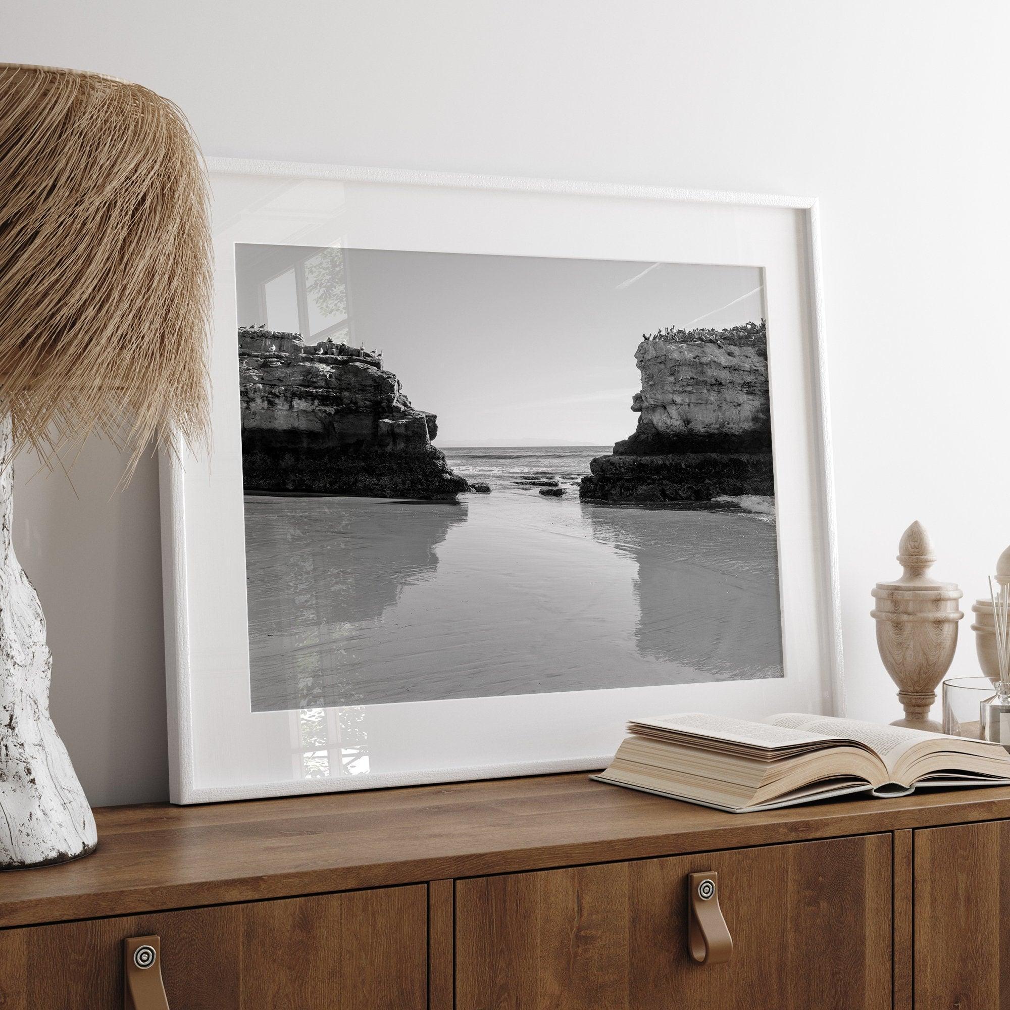 Fine Art Black and White Beach Photography Print - Large Beach Reflection Wall Art Framed or Unframed Poster for Home Decor