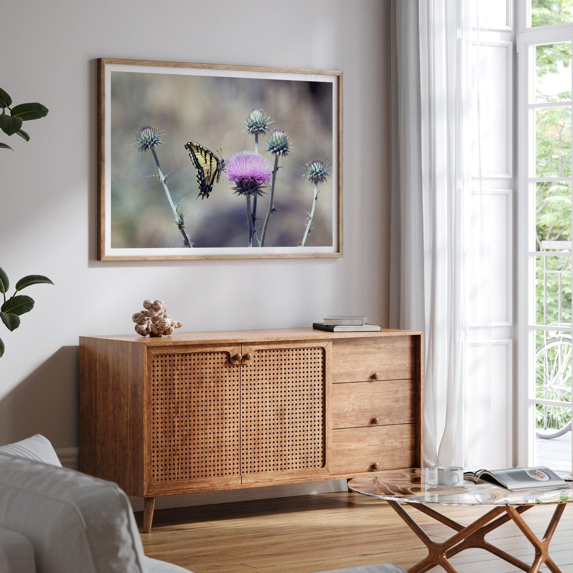 A stunning colorful fine art Butterfly print featuring Arizona's state butterfly - the Two-tailed Swallowtail, sitting on a vibrant purple New Mexico Thistle.