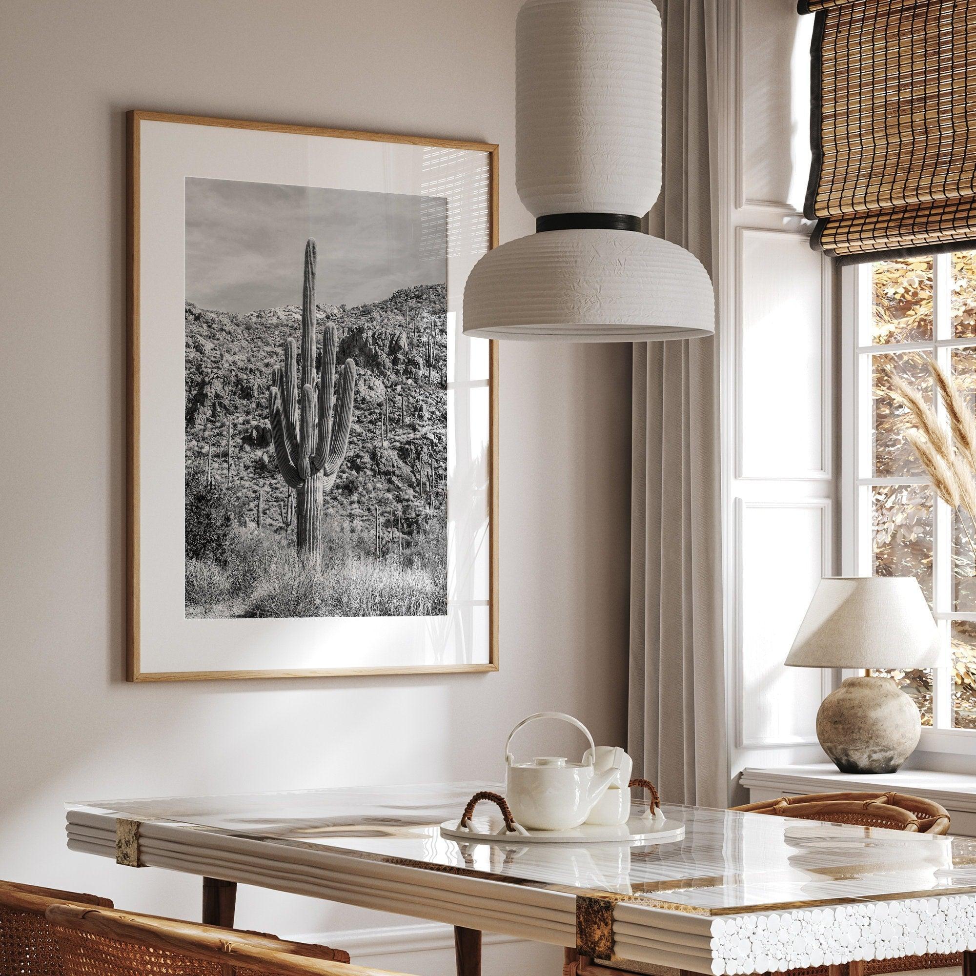 A fine art black and white cactus desert print featuring a stunning cacti in Saguaro National Park, Arizona.