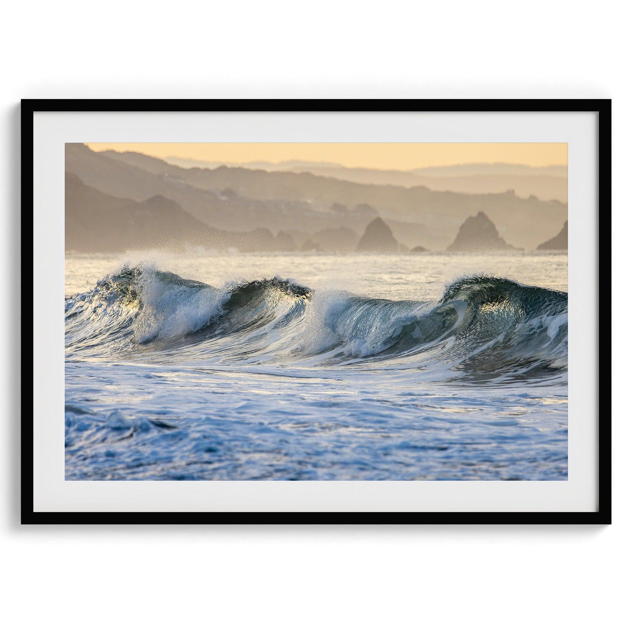 A fine art Ocean print showcasing water waves crashing in the ocean. this beach-themed wall art will make you want to jump into the waves every time you look at it. Taken in Bodega Bay, California.