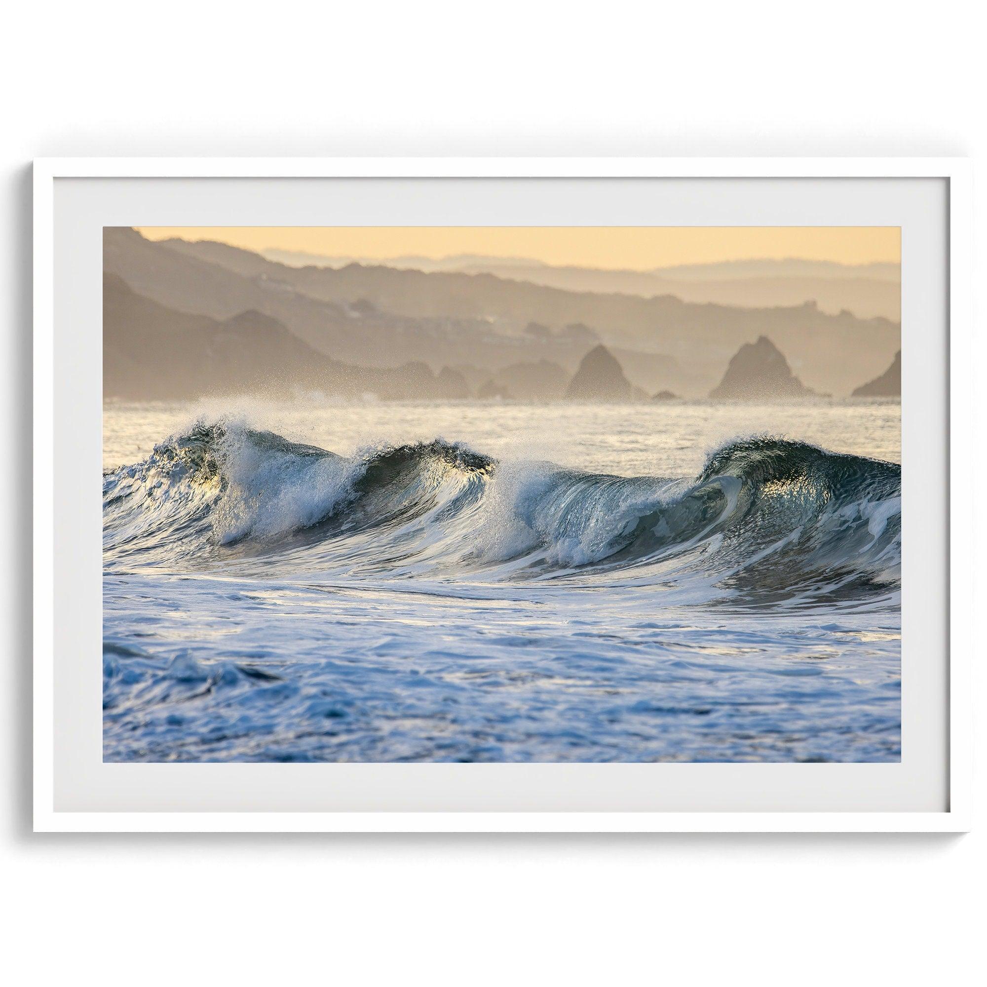 A fine art Ocean print showcasing water waves crashing in the ocean. this beach-themed wall art will make you want to jump into the waves every time you look at it. Taken in Bodega Bay, California.