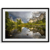A stunning framed large Yosemite National Park print that shows the breathtaking valley at sunset with its mountains, rivers, forests, and waterfalls. A truly mesmerizing landscape that is as perfect as your wall decor as it is a special gift.