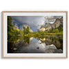 A stunning framed large Yosemite National Park print that shows the breathtaking valley at sunset with its mountains, rivers, forests, and waterfalls. A truly mesmerizing landscape that is as perfect as your wall decor as it is a special gift.