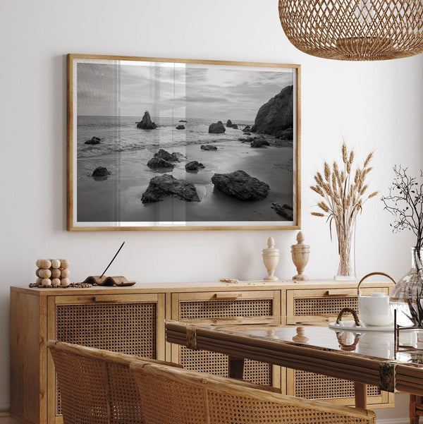 Fine Art Malibu Beach Print - California Black and White Beach Landscape Photography Framed Print, Los Angeles Ocean Coastal Home Wall Decor
