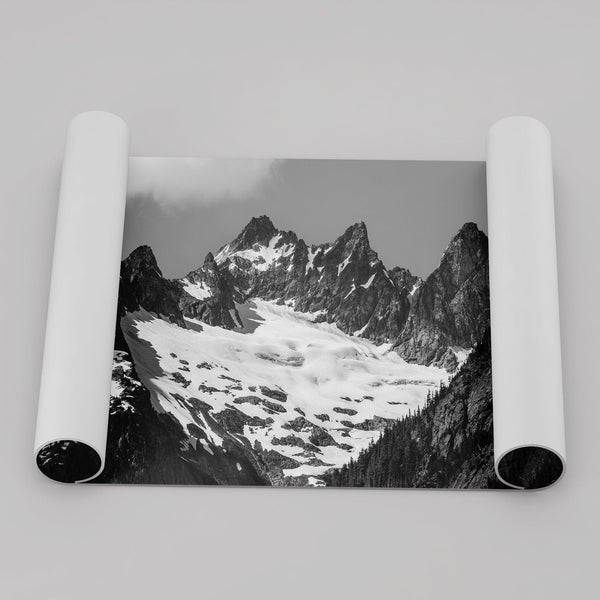 A minimalist black and white unframed or framed photo print of a snowy mountain range in North Cascades National Park, Washington State.