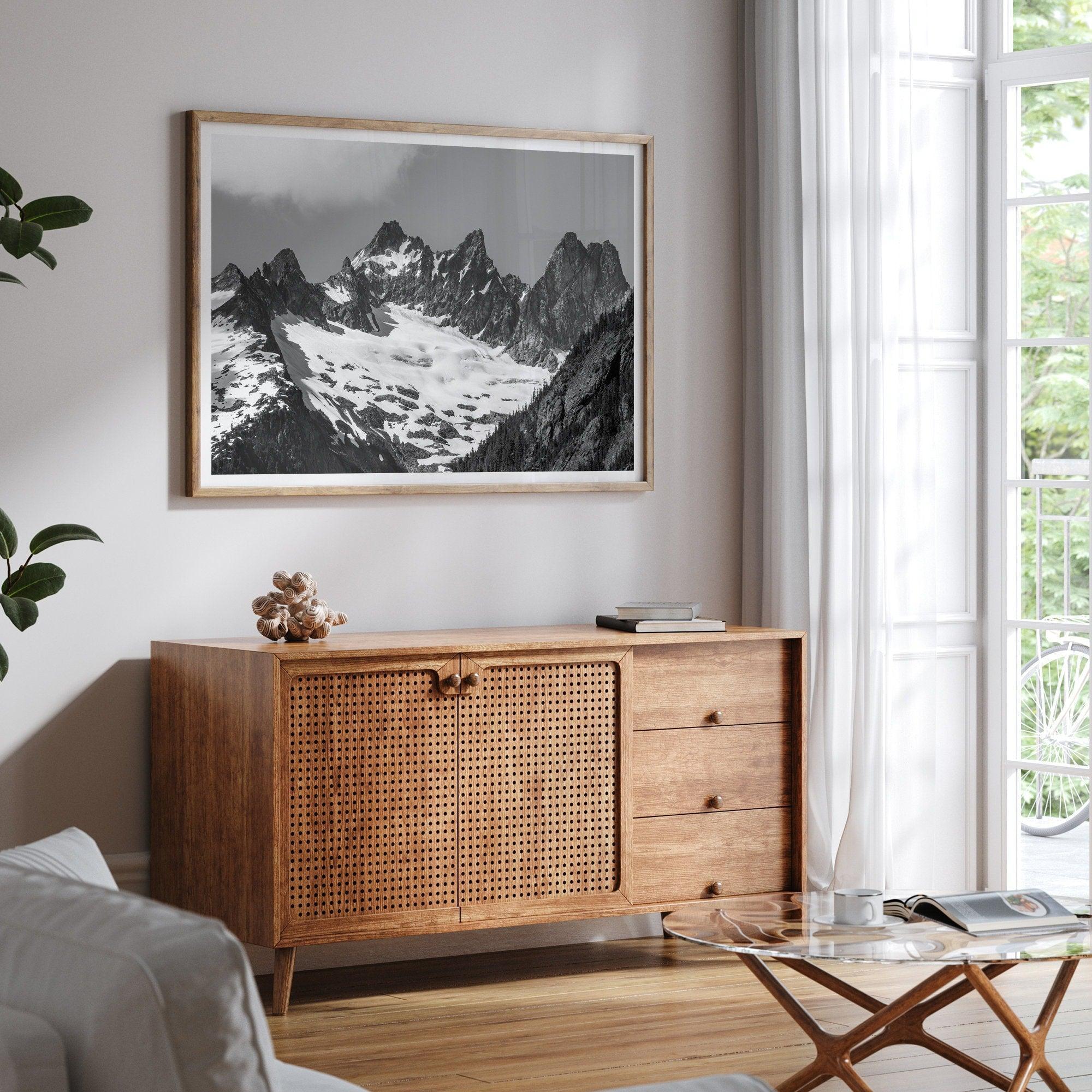 A minimalist black and white unframed or framed photo print of a snowy mountain range in North Cascades National Park, Washington State.