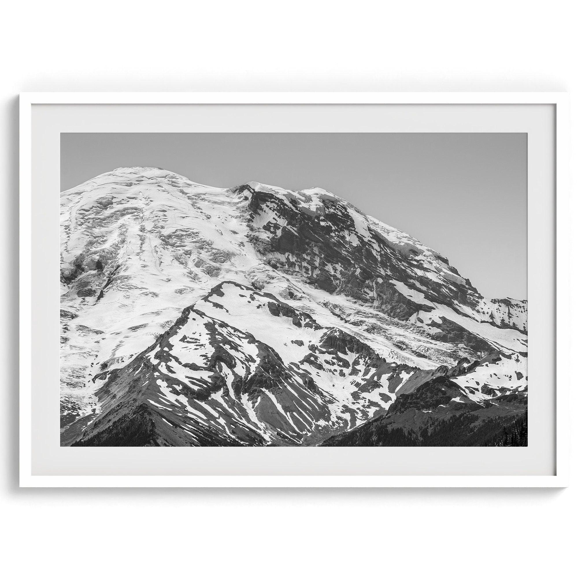 Zoom into the 14,411 ft summit of Mount Rainier with this minimalist black and white mountain photography print featuring a close-up of the snowy mountain peak in Washington State.