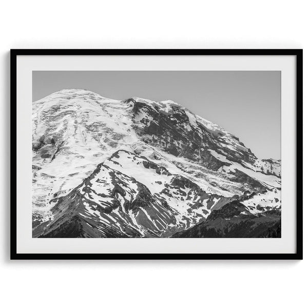 Zoom into the 14,411 ft summit of Mount Rainier with this minimalist black and white mountain photography print featuring a close-up of the snowy mountain peak in Washington State.