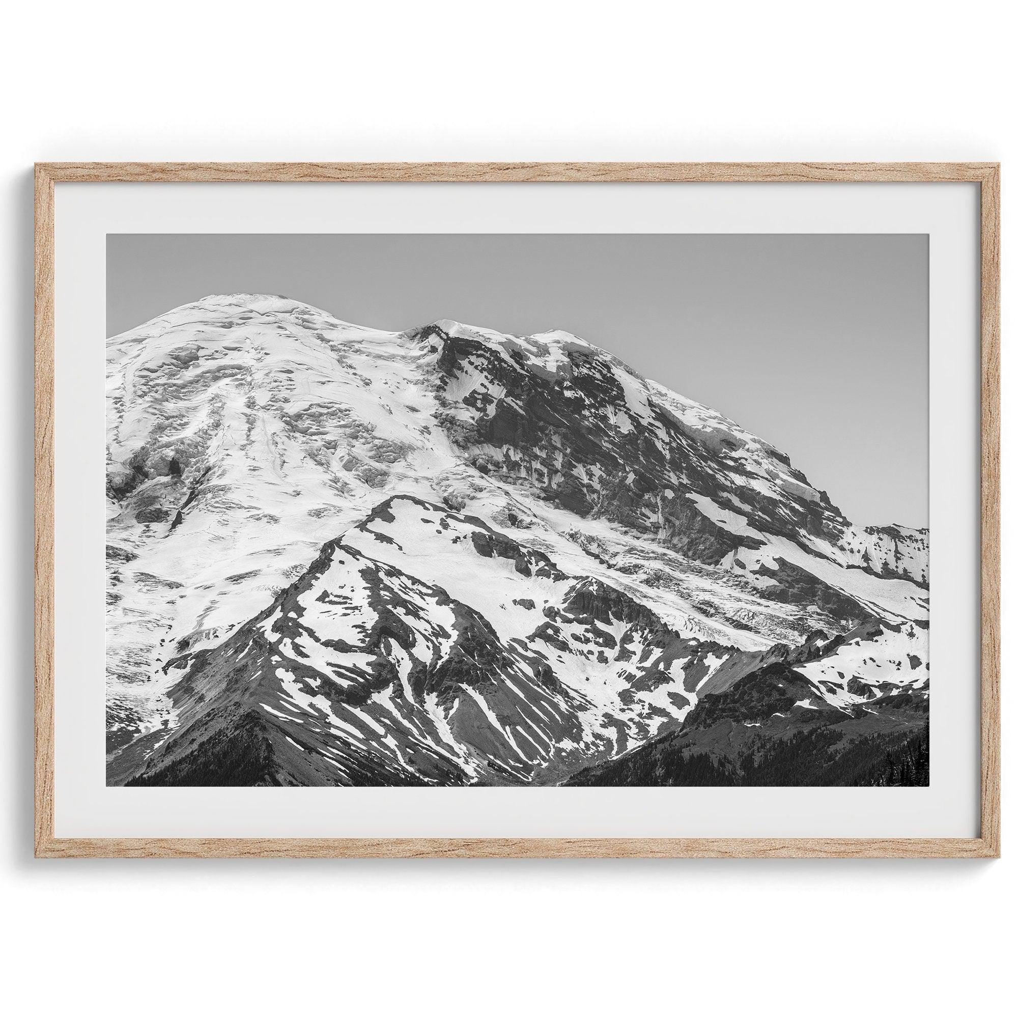 Zoom into the 14,411 ft summit of Mount Rainier with this minimalist black and white mountain photography print featuring a close-up of the snowy mountain peak in Washington State.