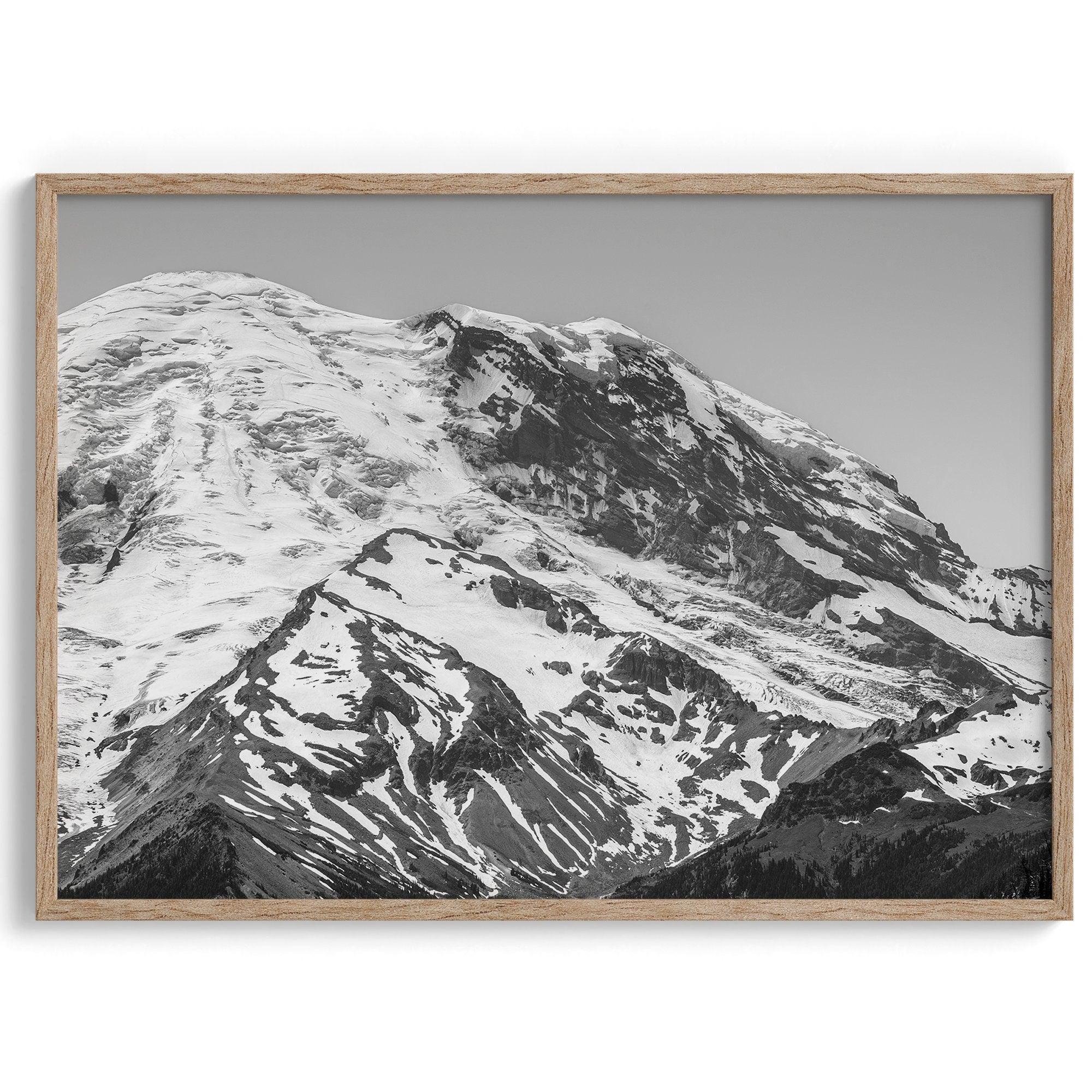 Zoom into the 14,411 ft summit of Mount Rainier with this minimalist black and white mountain photography print featuring a close-up of the snowy mountain peak in Washington State.