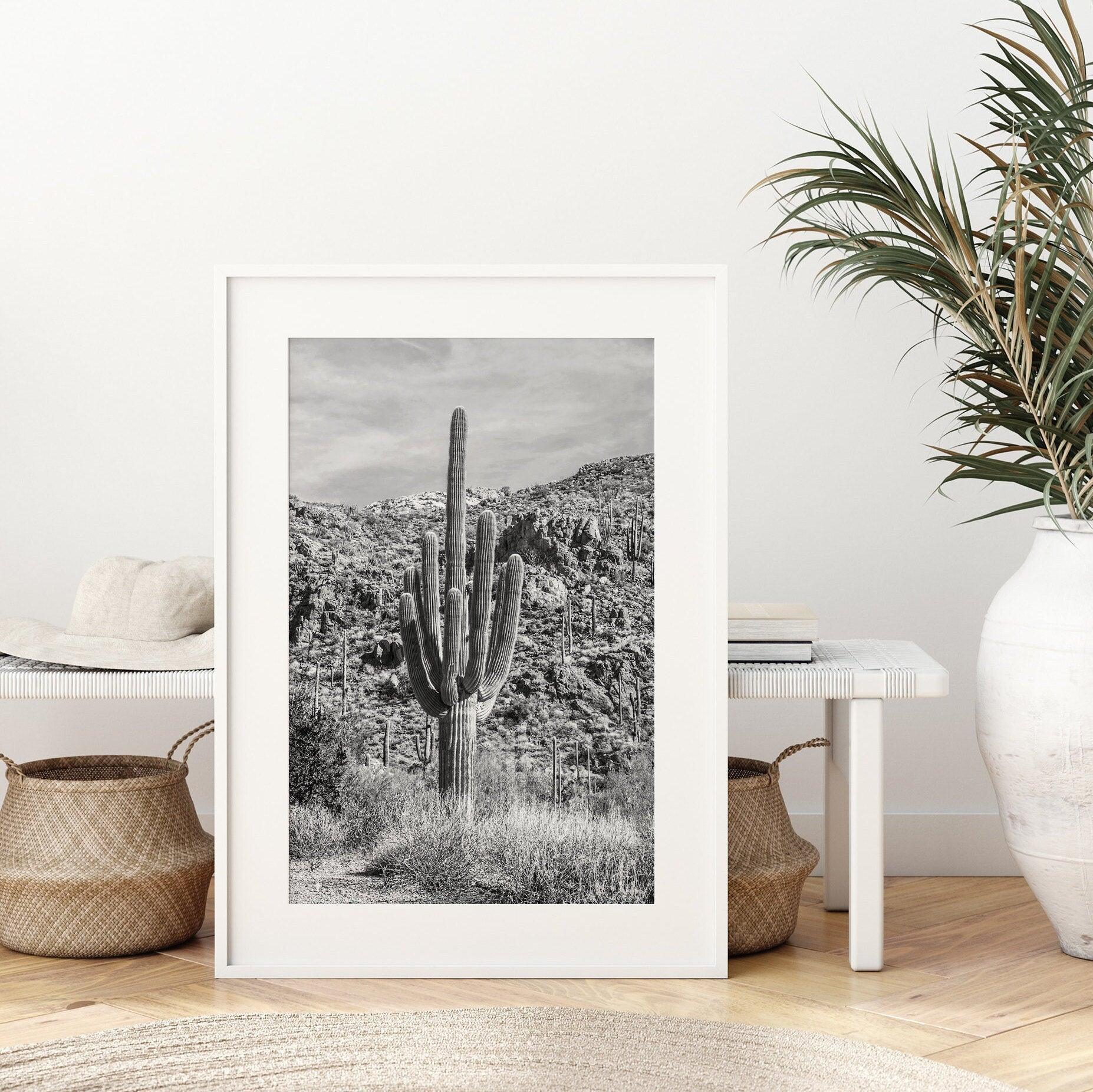 Fine Art Saguaro Cactus Desert Print - Large Retro Black and White Desert Photography Wall Art, Framed Saguaro National Park Home Wall Decor