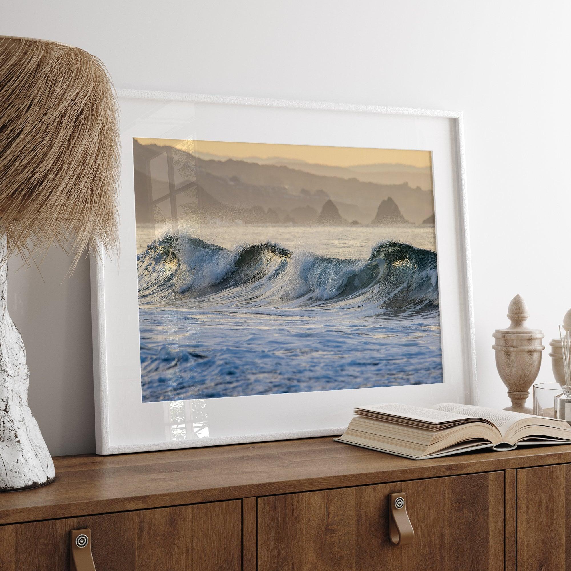 A fine art Ocean print showcasing water waves crashing in the ocean. this beach-themed wall art will make you want to jump into the waves every time you look at it. Taken in Bodega Bay, California.