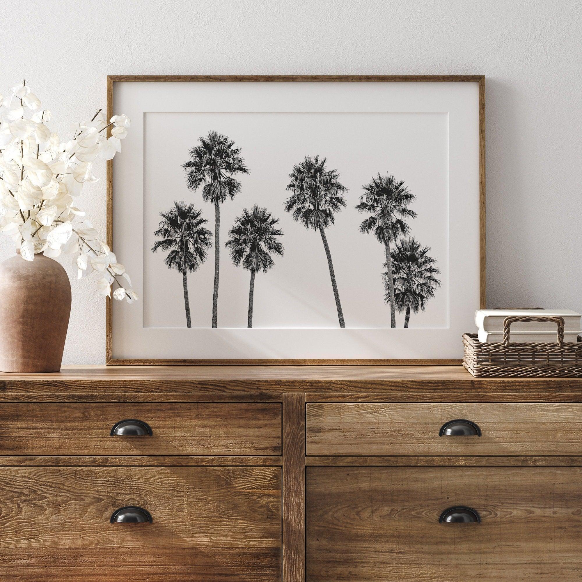 A fine art black and white beach print with a Los Angeles row of palm trees. If you are looking for a minimalist palm tree wall art, this is the one for you.