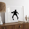 Black and white fine art photography poster print of a basketball player&#39;s shadow dribbling a ball on a sunny court.